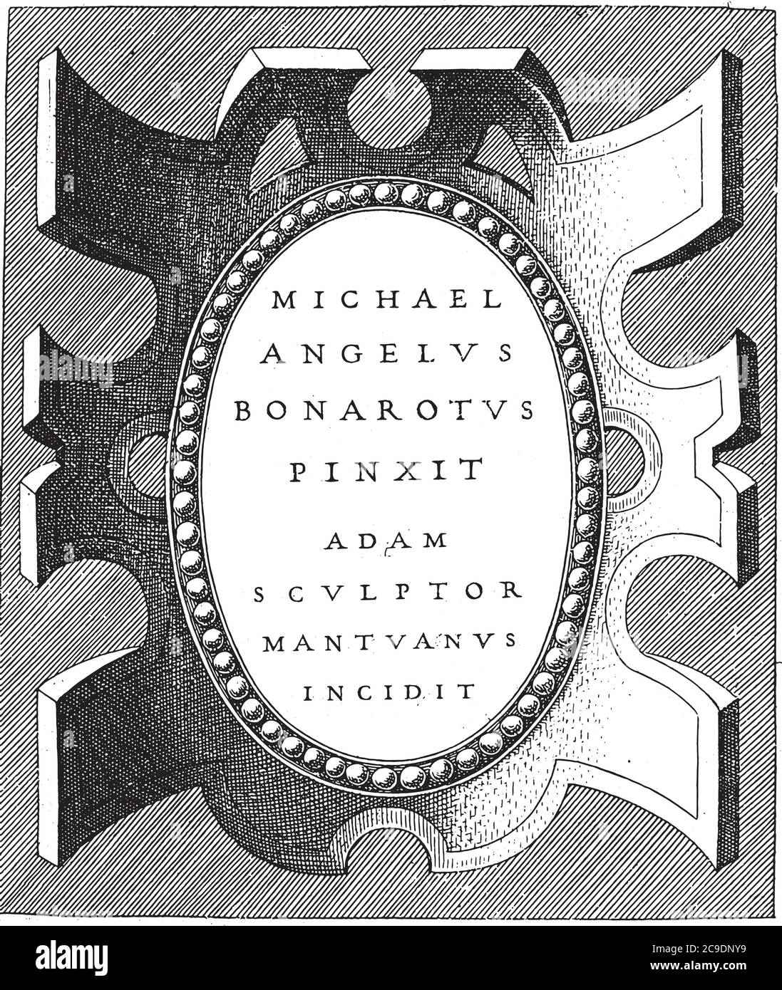 Titre imprimé avec cartouche, Adamo Scultori, 1585, gravure vintage. Illustration de Vecteur