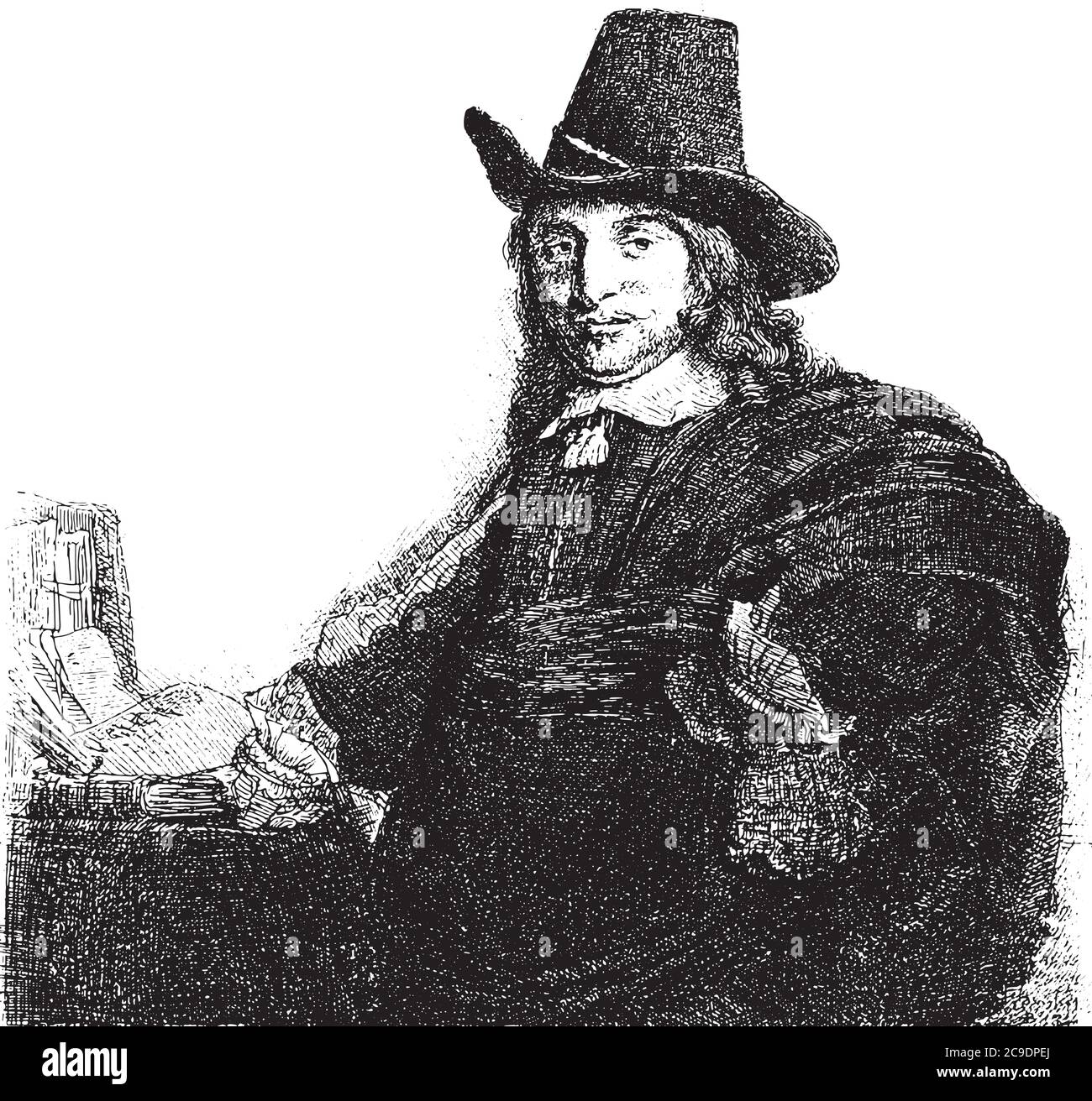 Portrait du peintre Jan Asselijn, Rembrandt van Rijn, 1807 - 1808, gravure ancienne. Illustration de Vecteur