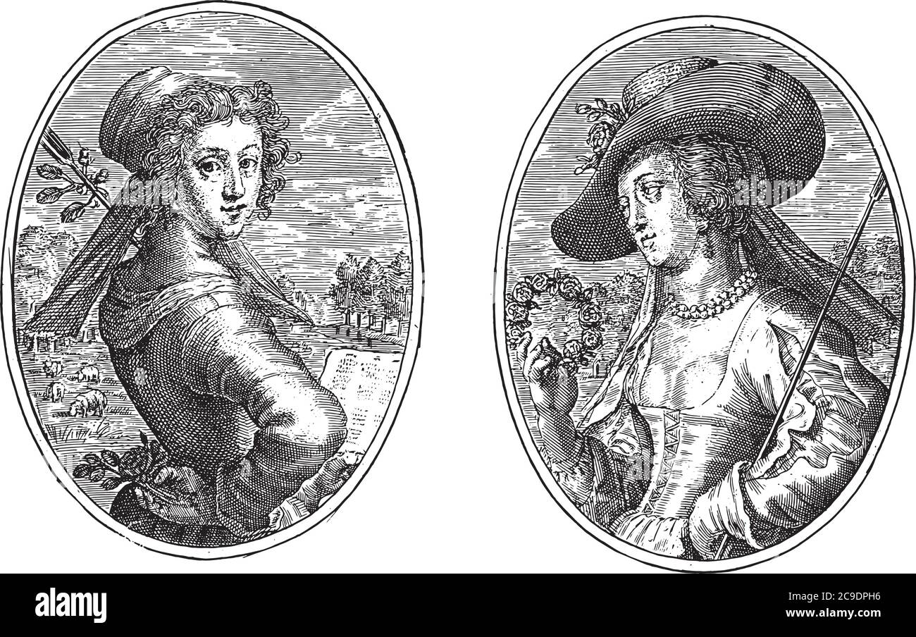 Deux représentations sur une feuille d'album. A quitté Silvia avec le personnel de berger et la musique de feuille, gravure vintage. Illustration de Vecteur