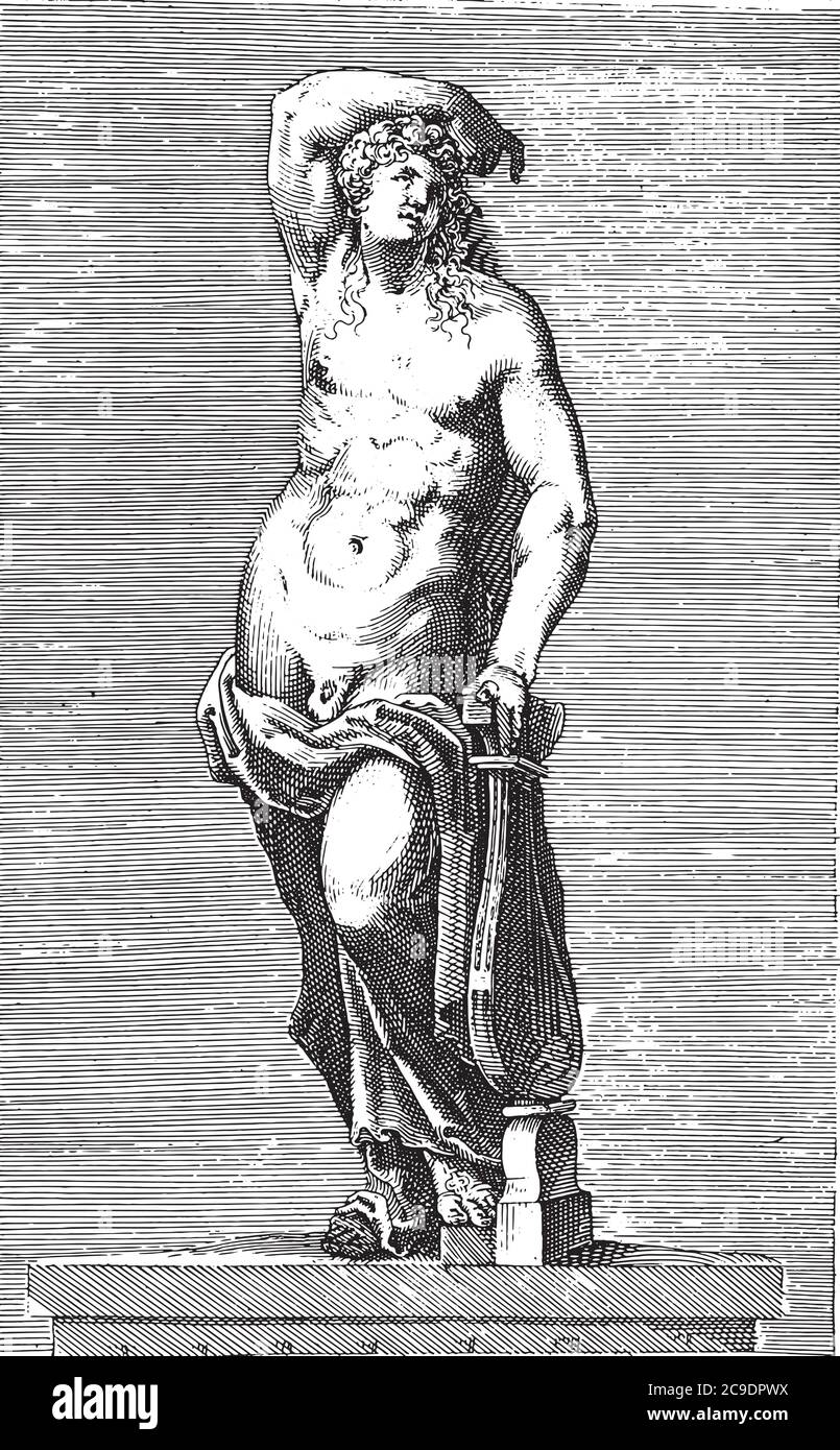 Sculpture d'Apollo, anonyme, 1584, gravure ancienne. Illustration de Vecteur