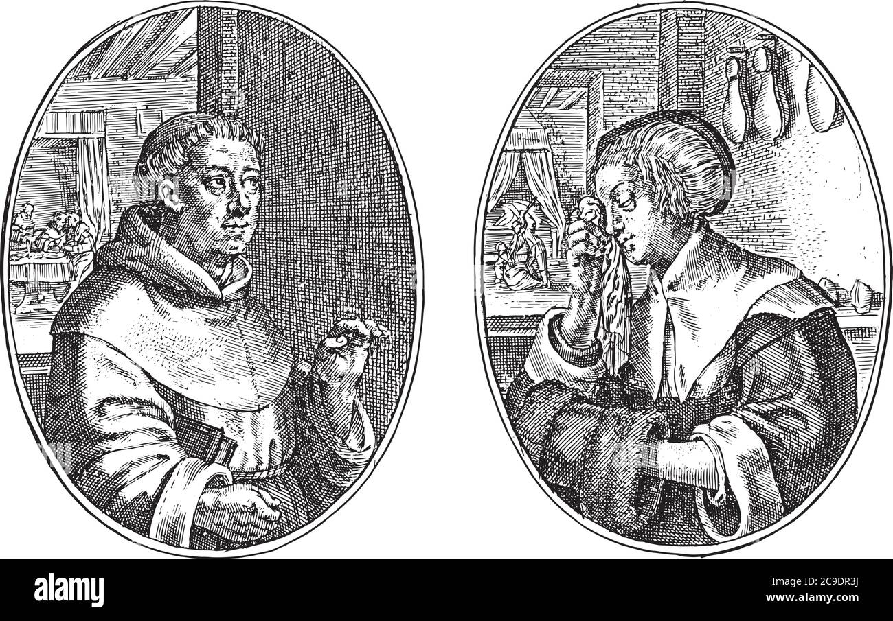 Deux scènes sur une feuille d'album. À gauche, le portrait fictif d'un moine nommé Cornelis, la gravure cupide et vintage. Illustration de Vecteur