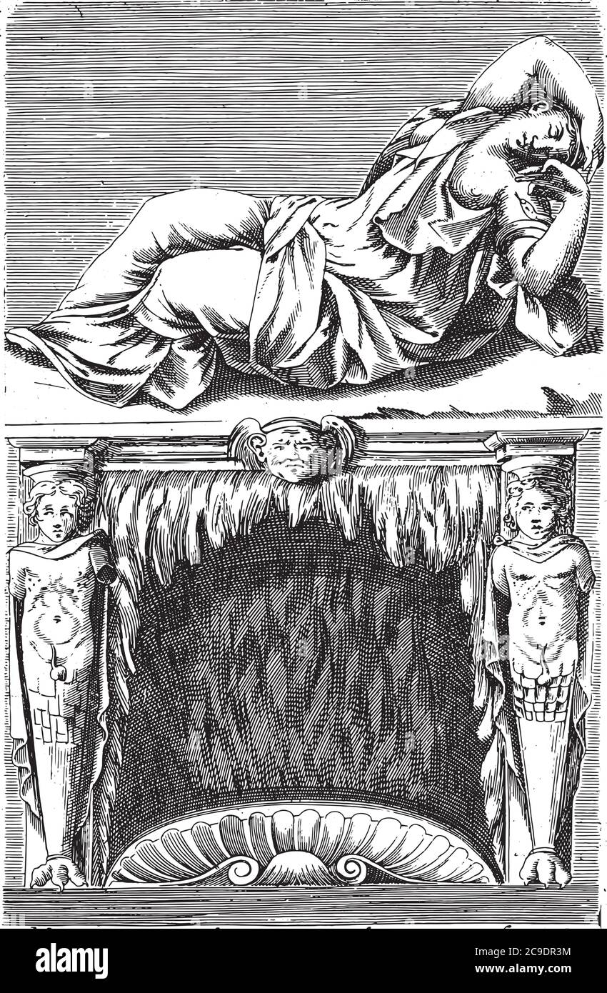 Sculpture de l'Ariadne dormant au-dessus d'une cheminée, anonyme, 1584, gravure vintage. Illustration de Vecteur