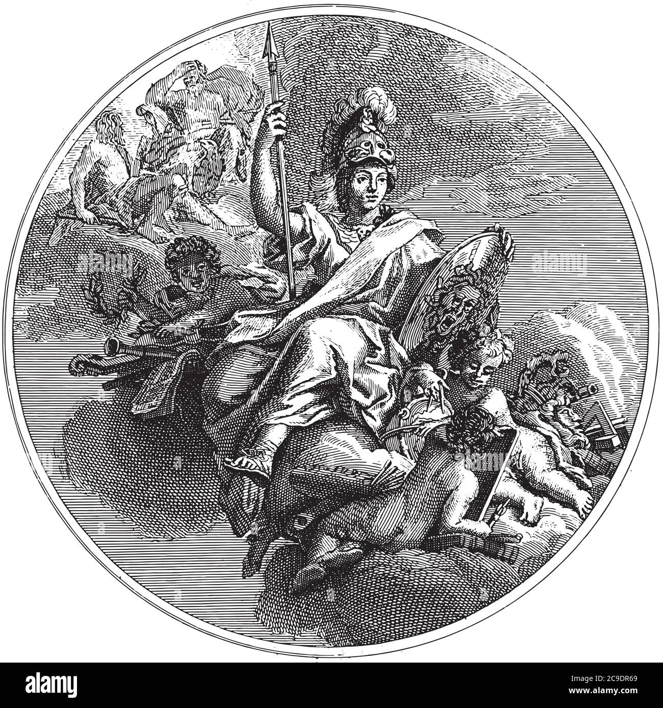 Pièce de plafond avec la déesse Minerva, enthroned sur les nuages avec casque, lance et bouclier, gravure vintage. Illustration de Vecteur