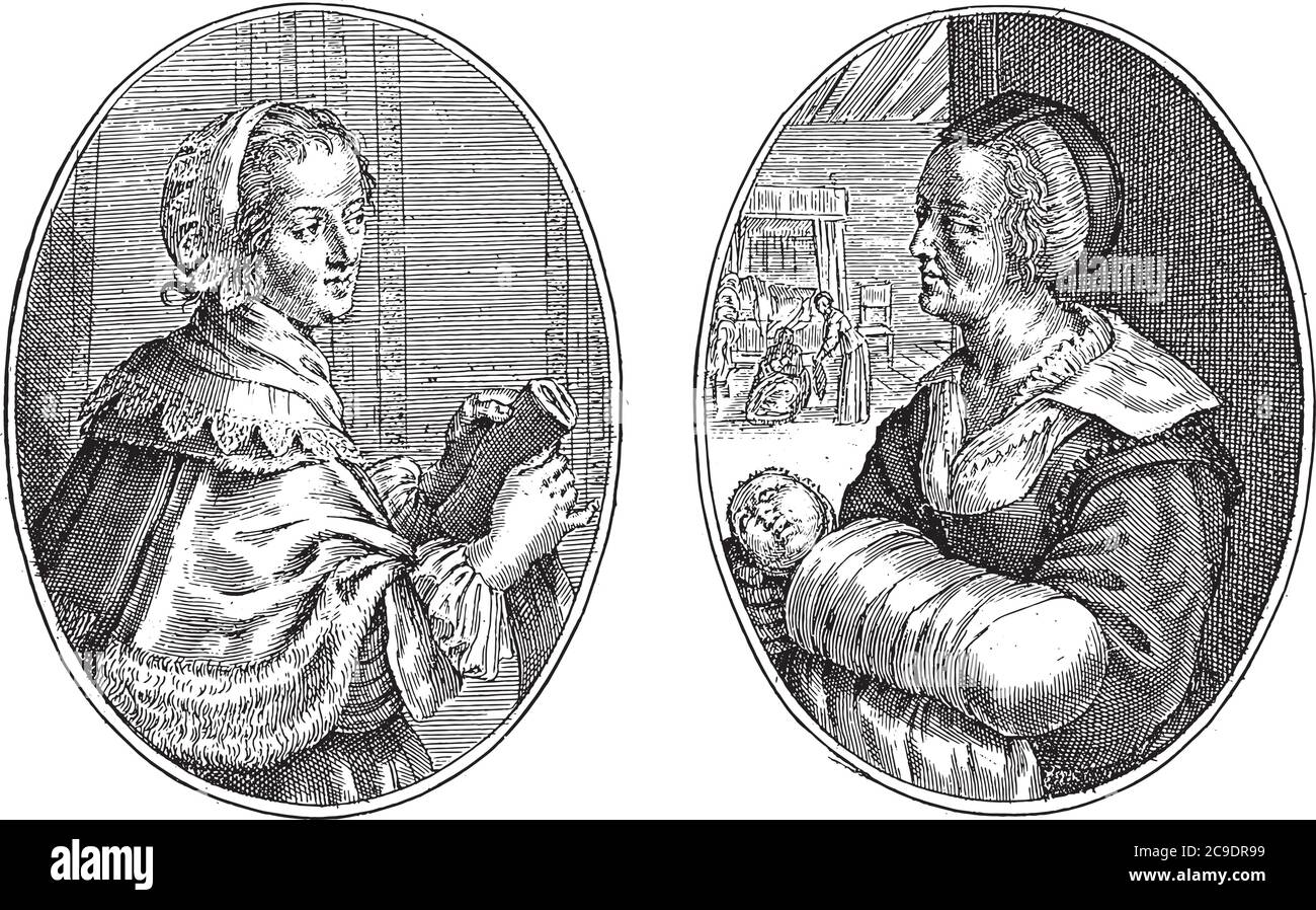 Deux scènes sur une feuille d'album. À gauche, le portrait fictif d'une femme d'honneur appelée Alette (ou Aeltjen). Sur la droite le boulanger Janne avec un ch Illustration de Vecteur