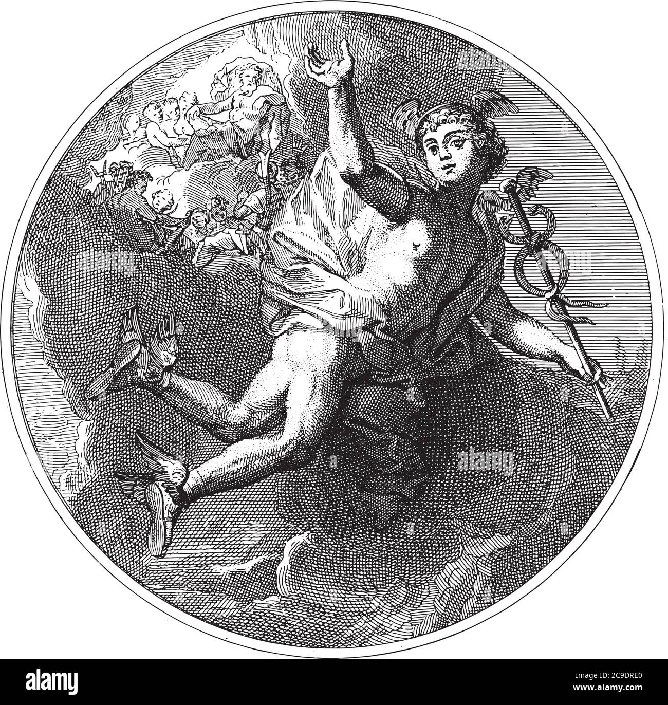 Pièce de plafond avec le dieu Mercury volant avec le caduceus dans sa main. En arrière-plan les dieux de l'Olympe sur les nuages, gravure vintage. Illustration de Vecteur