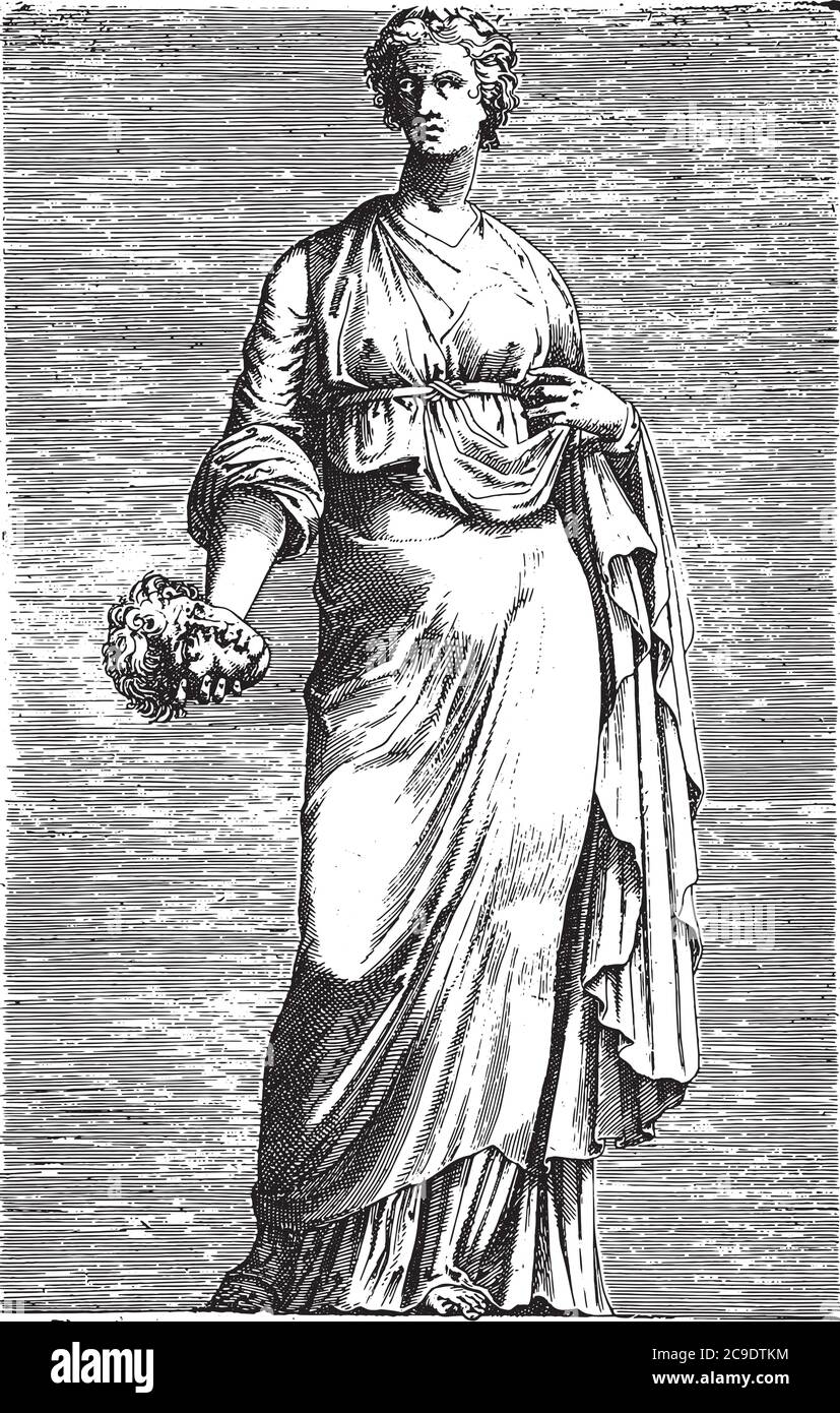 Sculpture de Thaleia, muse de comédie, anonyme, 1584, gravure vintage. Illustration de Vecteur