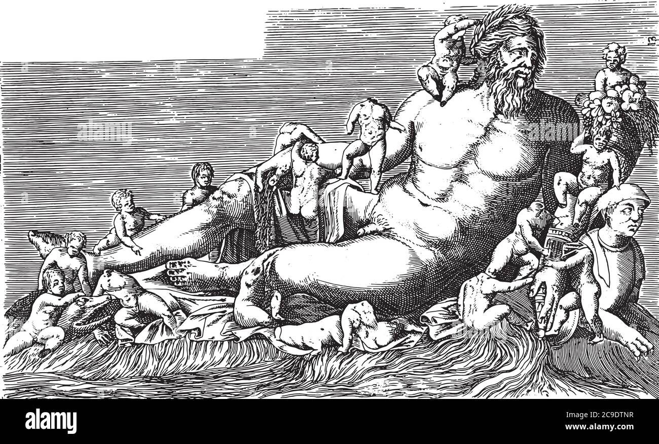 Sculpture du Nil, anonyme, 1584 image du Dieu du Nil avec comme attributs une corne avec des fruits, un sphinx, des crocodiles et le petit bo Illustration de Vecteur