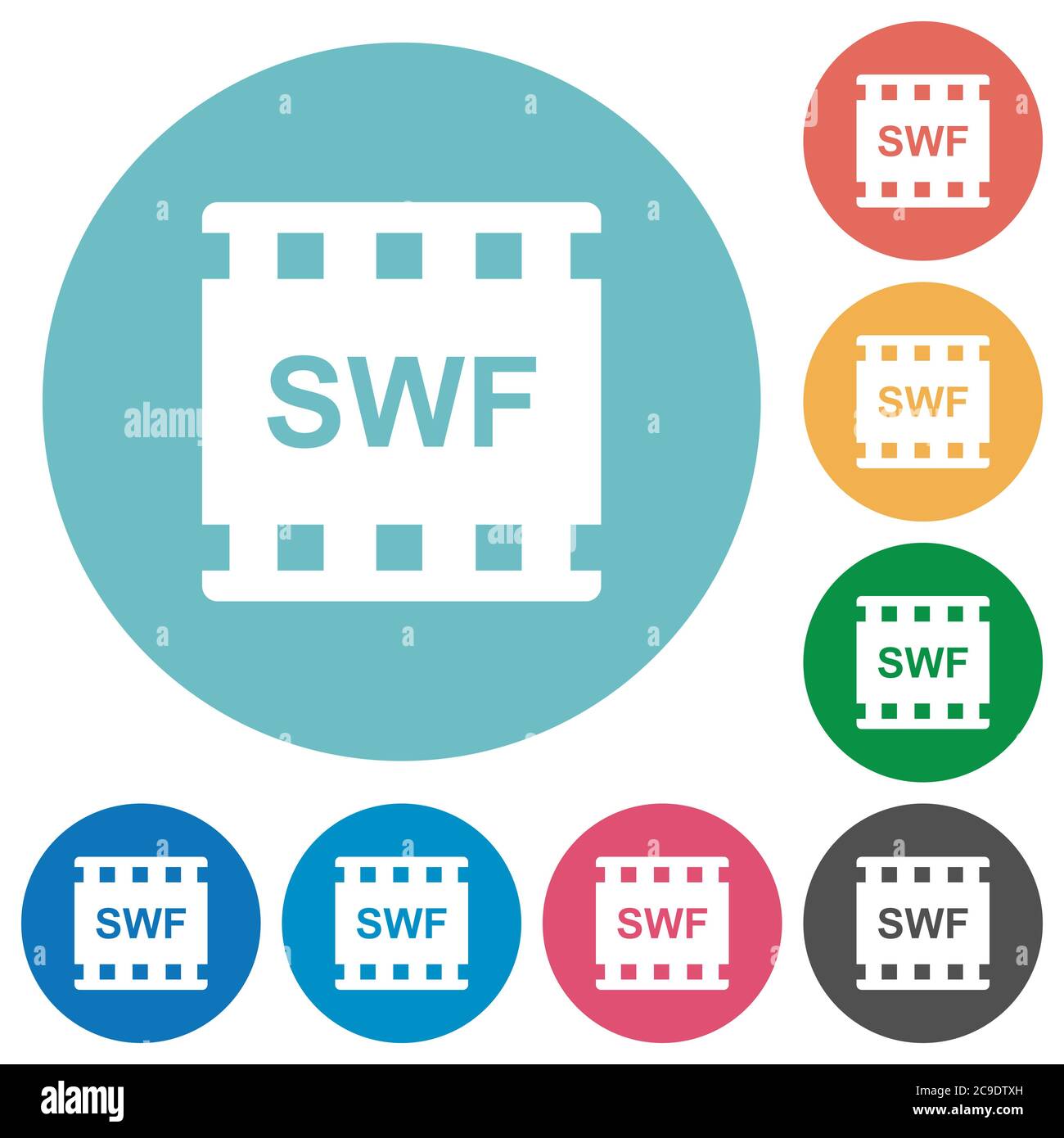 Format de film SWF icônes blanches plates sur des arrière-plans de couleur ronde Illustration de Vecteur