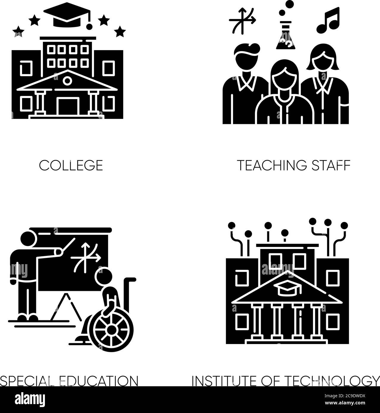 Les icônes de glyphe noir de l'enseignement supérieur sont placées dans un espace blanc. Institut de technologie, collège. Personnel enseignant professionnel et conditions d'apprentissage spéciales s Illustration de Vecteur