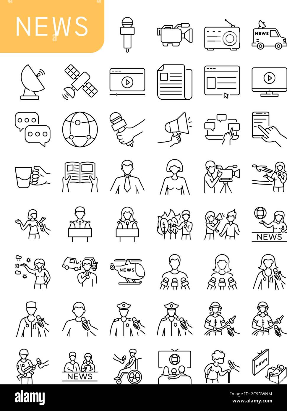 Icônes de contour des actualités définies. Éléments et situations liés aux personnes et aux nouvelles. Illustration de Vecteur