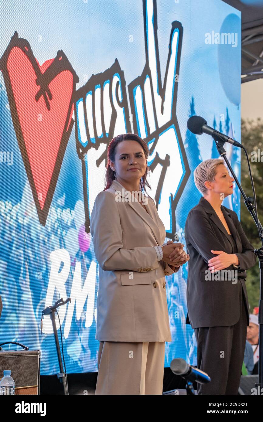 Minsk, Bélarus - 30 juillet 2020 : Svetlana Tikhanovskaya, la principale candidate de l'opposition aux élections présidentielles en Biélorussie, et Maria Kolesnikova, l'ancienne directrice de campagne de Victor Babariko Banque D'Images
