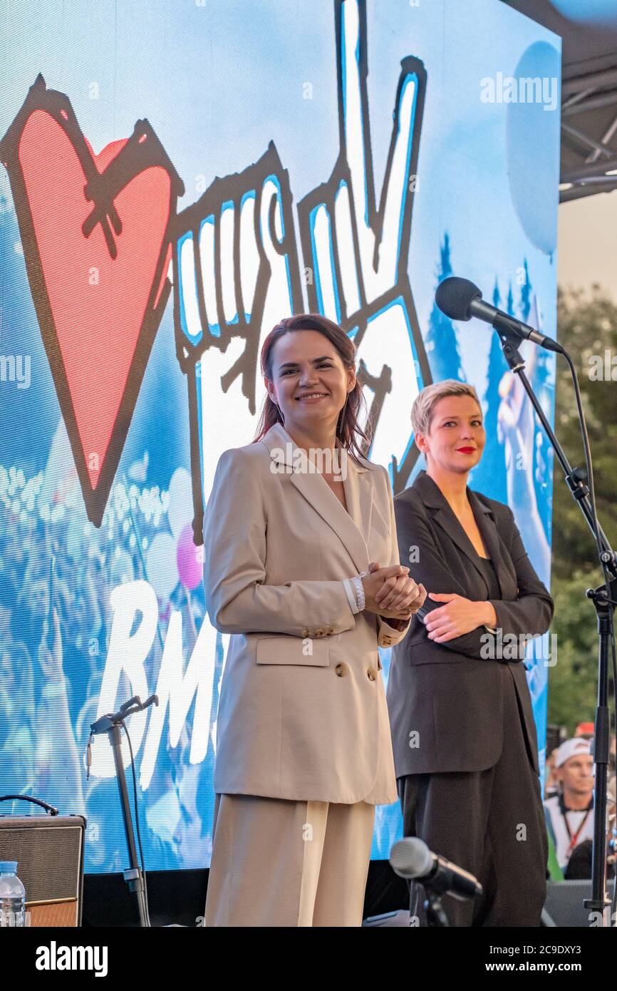 Minsk, Bélarus - 30 juillet 2020 : Svetlana Tikhanovskaya, la principale candidate de l'opposition aux élections présidentielles en Biélorussie, et Maria Kolesnikova, l'ancienne directrice de campagne de Victor Babariko Banque D'Images