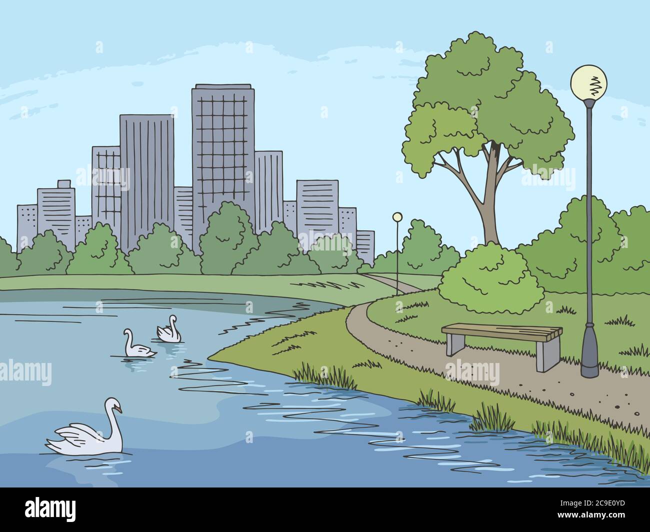 Parc lac graphique couleur paysage dessin illustration vecteur Illustration de Vecteur