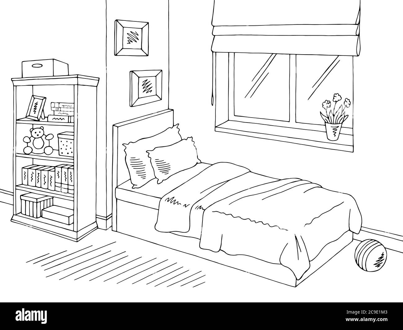 Illustration vectorielle d'esquisse intérieure noire blanche dans la chambre des enfants Illustration de Vecteur