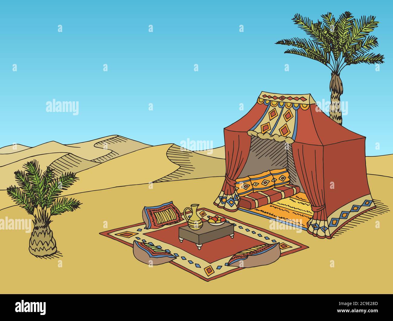 Desert tente graphique noir blanc paysage dessin illustration vecteur Illustration de Vecteur