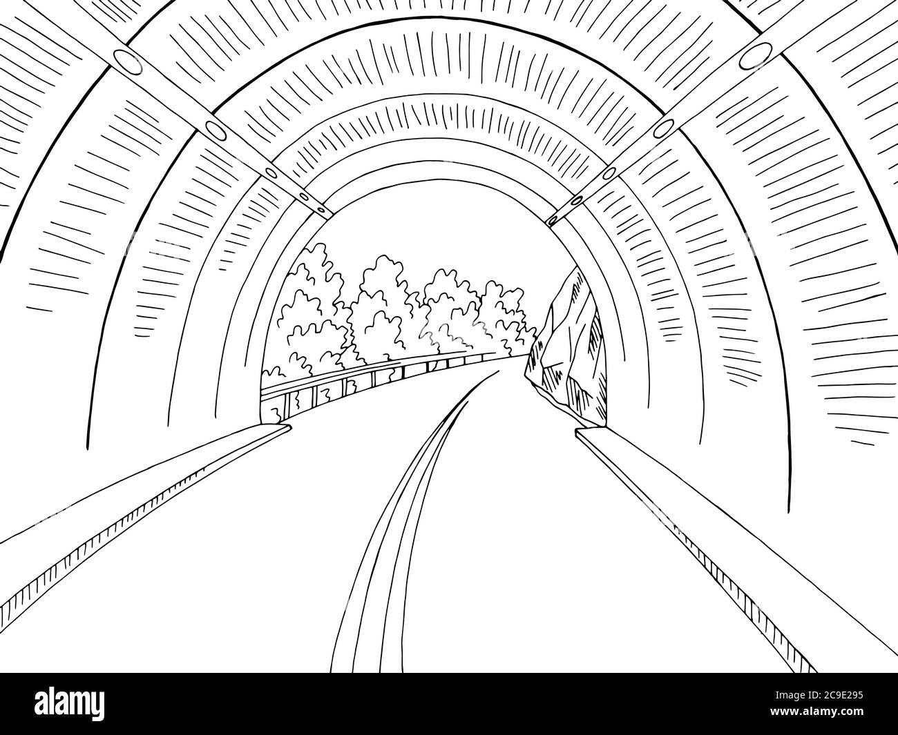 Quittez le vecteur d'illustration d'esquisse de paysage noir blanc de la route du tunnel Illustration de Vecteur