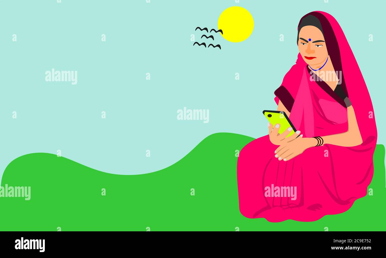 Un village indien pauvre paysan dessin animé femelle illustration travaillant sur un smartphone sur fond coloré jour ensoleillé. Illustration de Vecteur