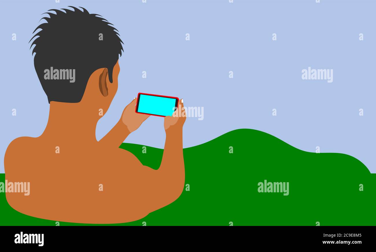 Un village indien pauvre homme dessin animé art regardant mobile autour de fond vert naturel. Illustration de Vecteur