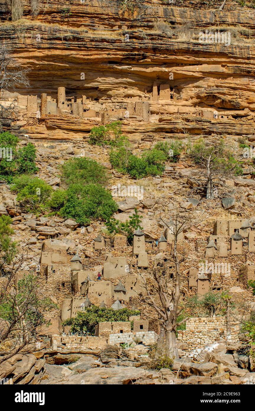 Vue sur un village Dogon et les habitations de Cliffside de l'ancienne tribu Tellem (XIIIe siècle) dans l'escarpement de Bandiagara, dans le pays Dogon à Mal Banque D'Images
