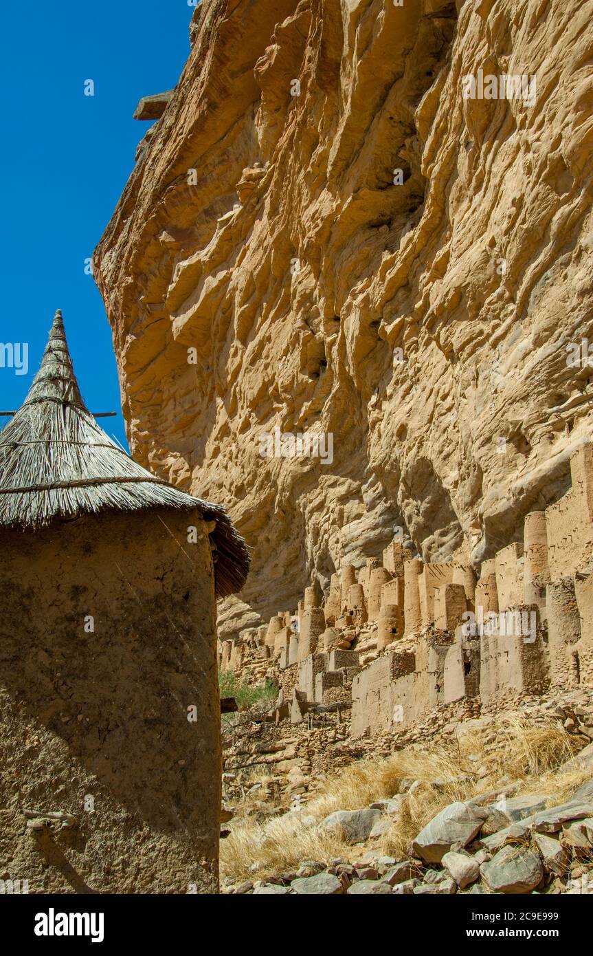 Un grenier en brique de mudbrick dans le village Ielli Dogon et les habitations de Cliffside de l'ancienne tribu Tellem (XIIIe siècle) dans l'escarpement de Bandiagara dans le Th Banque D'Images