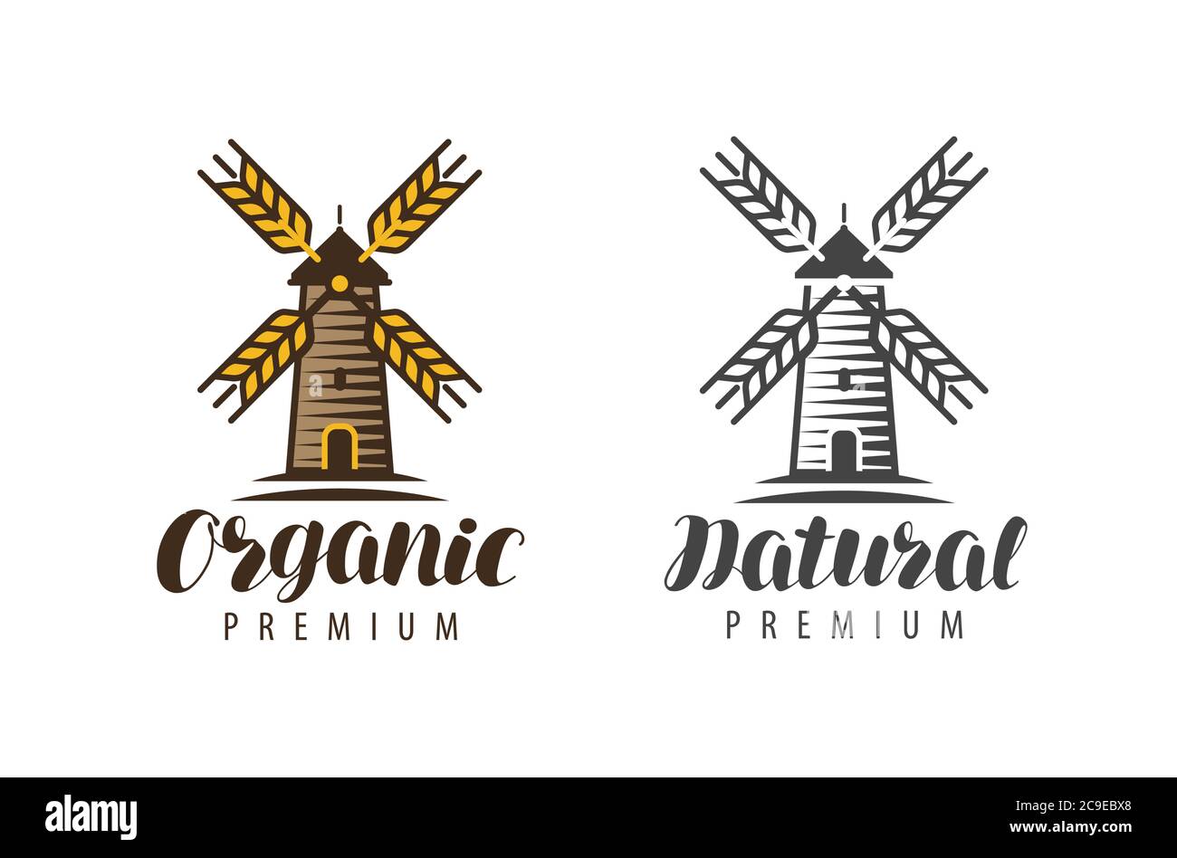 Logo ou symbole de moulin à vent en bois. Concept d'aliments naturels et biologiques Illustration de Vecteur