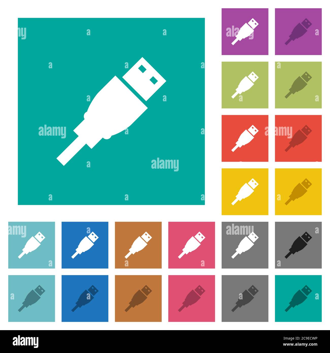 Fiche USB multi-couleurs icônes plates sur fonds carrés simples. Inclut des variantes d'icône blanche et foncée pour les effets de survol ou actifs. Illustration de Vecteur