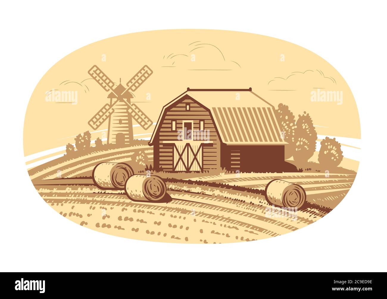 Dessin à la main du paysage agricole. Agriculture, agriculture, concept alimentaire Illustration de Vecteur