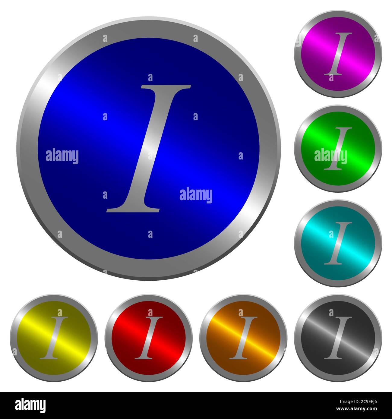 Icônes de type de police italique sur des boutons ronds lumineux en acier de couleur semblable à une pièce Illustration de Vecteur