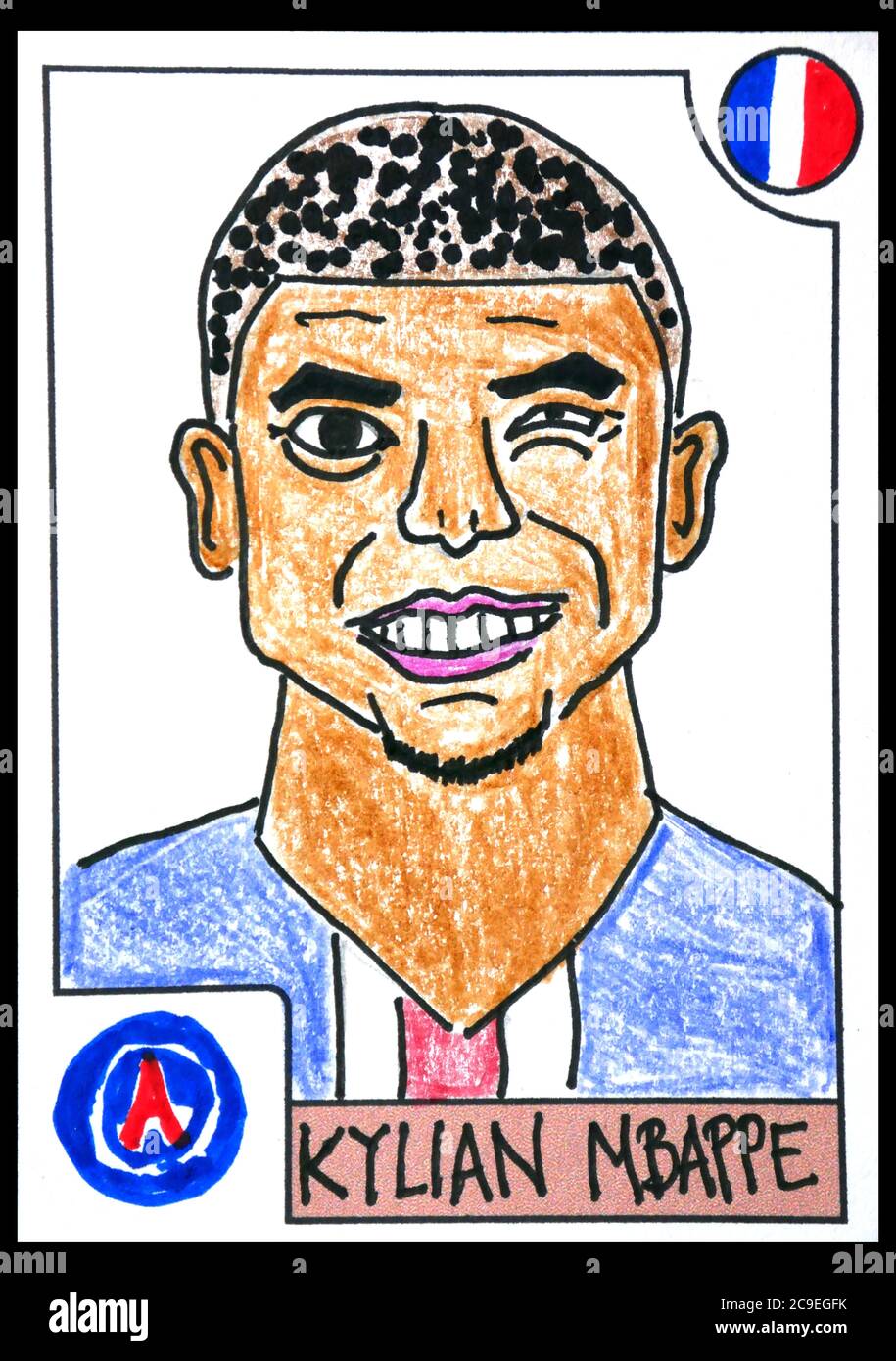 Caricature du joueur de football français Kylian Mbappe en maillot Paris Saint Germain. Banque D'Images