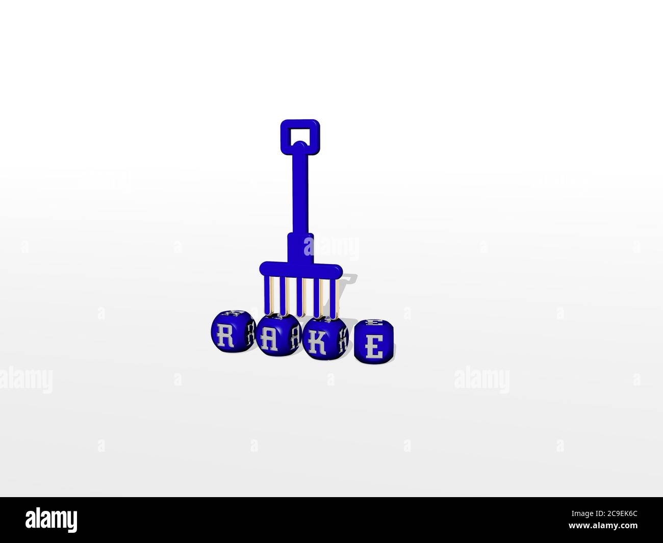Représentation 3D du RÂTEAU avec icône sur le mur et texte disposé par des lettres cubes métalliques sur un sol miroir pour la signification du concept et la présentation du diaporama. jardin et illustration Banque D'Images