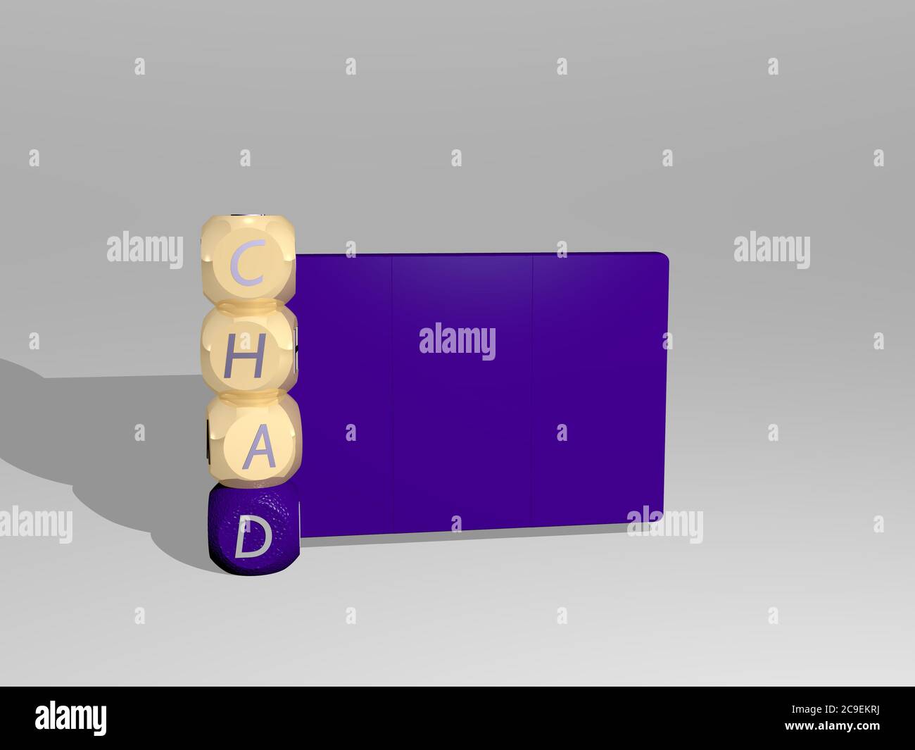 Représentation 3D du tchad avec icône sur le mur et texte disposé par des lettres métalliques cubes sur un sol miroir pour la signification du concept et la présentation du diaporama. afrique et illustration Banque D'Images