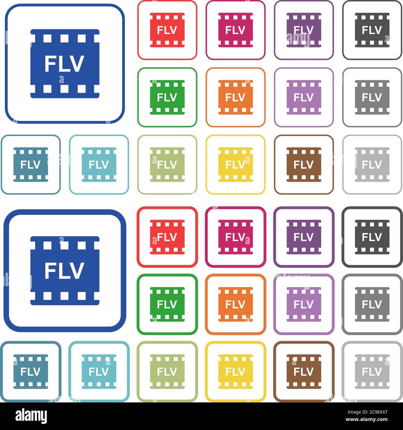 Le format de film FLV couleur des icônes plates dans des cadres carrés arrondis. Versions minces et épaisses incluses. Illustration de Vecteur