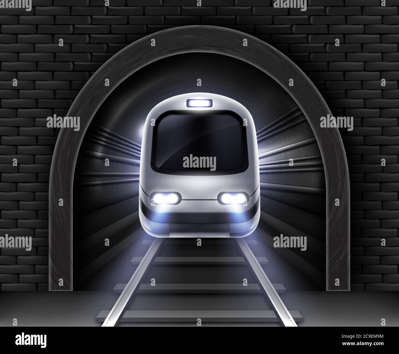 Métro moderne dans le tunnel. Vecteur illustration réaliste de la fourgon avant du train de vitesse passager, arche en pierre dans le mur de brique et les rails. Transport souterrain électrique par chemin de fer Illustration de Vecteur