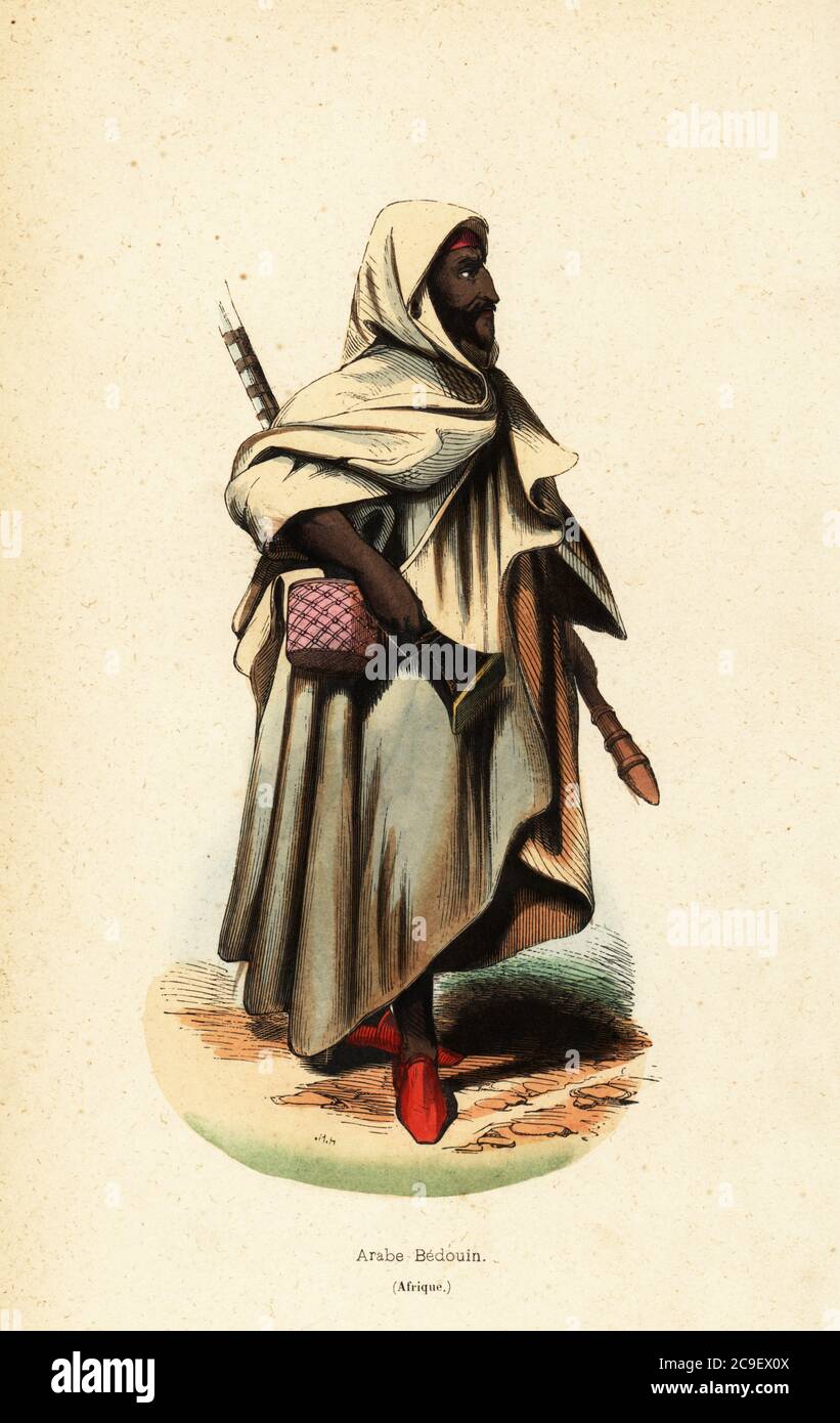 Bédouin nomade ou Bedu homme de Kordofan (Soudan) en burnous à capuchon, portant un mousquet et une boîte carrée. Arabe Bédouin, Afrique. Copié du Costume de Turquie d'Octavian Dalvimart, avec le titre Bédouin dans les environs d'Alexandrie en quête de pillage. Bois de couleur main coupé par H.H. d'après une illustration d'Octavian Dalvimart de Auguste Wahlen's Moeurs, Usage et costumes de tous les clochers du monde, (manières, coutumes et costumes de tous les peuples du monde) Librairie Historique-Artistique, Bruxelles, 1845. Banque D'Images