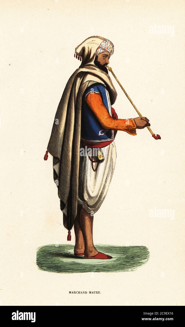 Marchand mauresque avec pipe de tabac, Algérie. En turban, veste à capuche brunie bleue avec manches orange, mottes blanches. Les Maures étaient des descendants de la Mauritanie antique et de Numidia. Marchand Maure. Bois de couleur main coupé par Doms des Moeurs d'Auguste Wahlen, utilisations et costumes de tous les Peuples du monde, (manières, coutumes et costumes de tous les peuples du monde) Librairie Historique-Artistique, Bruxelles, 1845. Wahlen était le pseudonyme de Jean-François-Nicolas Loumyer (1801-1875), écrivain et archiviste du département héraldique de Belgique. Banque D'Images