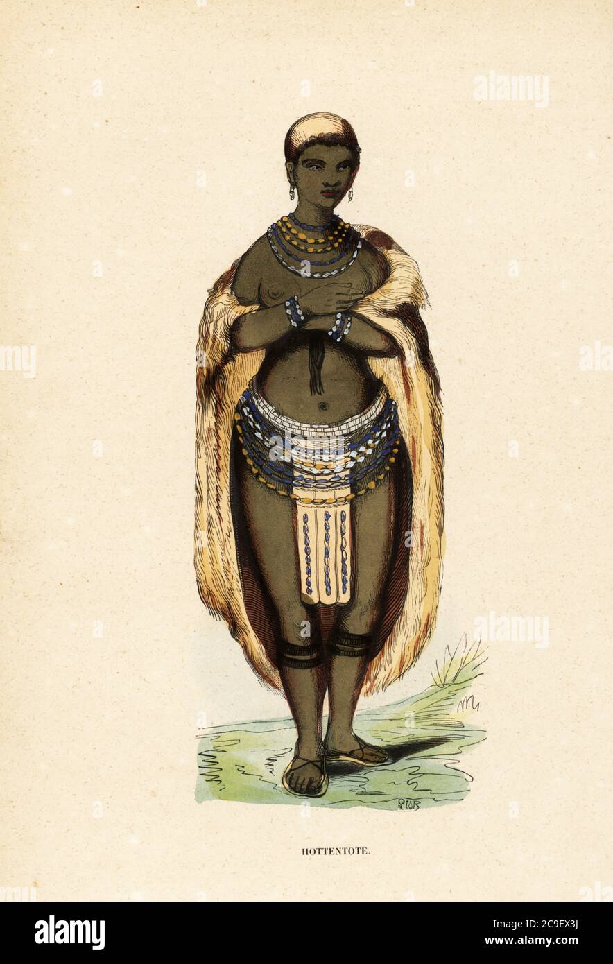 Jeune femme khoïkhi en fourrure cape, jupe perlée, anklets, colliers, bracelets, boucles d'oreilles. Femme khoïkhi. Hottentote. Bois de couleur main de L. Lisbet de Auguste Wahlen's Moeurs, Usage et costumes de tous les Peuples du monde, (manières, coutumes et costumes de tous les peuples du monde) Librairie Historique-Artistique, Bruxelles, 1845. Wahlen était le pseudonyme de Jean-François-Nicolas Loumyer (1801-1875), écrivain et archiviste du département héraldique de Belgique. Banque D'Images