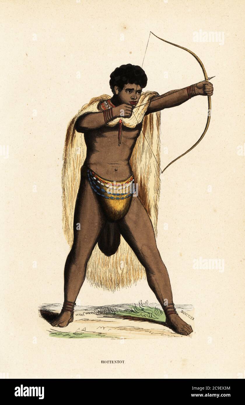 Khoikhoi homme en peau d'animal cape, en toile de longe perlée, avec arc et flèche. Hottentot. Boiseries de Duverger d'Auguste Wahlen's Moeurs, Usages et costumes de tous les Peuples du monde, (manières, coutumes et costumes de tous les peuples du monde) Librairie Historique-Artistique, Bruxelles, 1845. Wahlen était le pseudonyme de Jean-François-Nicolas Loumyer (1801-1875), écrivain et archiviste du département héraldique de Belgique. Banque D'Images