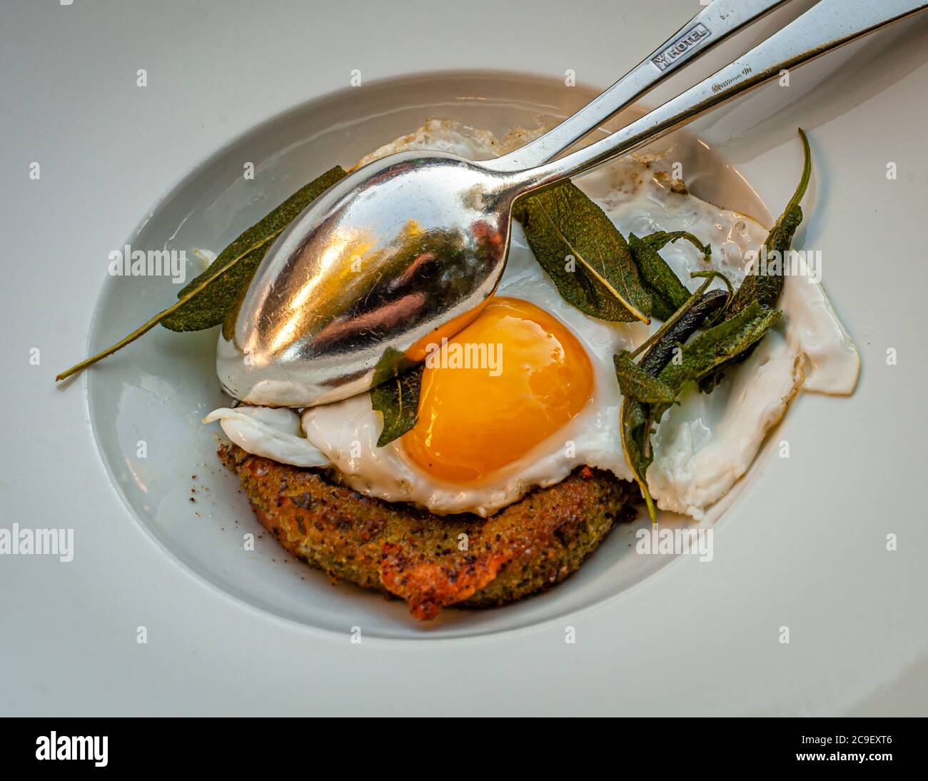 Scamorzo fritta - un fromage de Puglia en panure d'herbes, avec œuf et pommade à l'assiette. Plat gastronomique à l'Hôtel Mühle à Binzen, Allemagne Banque D'Images