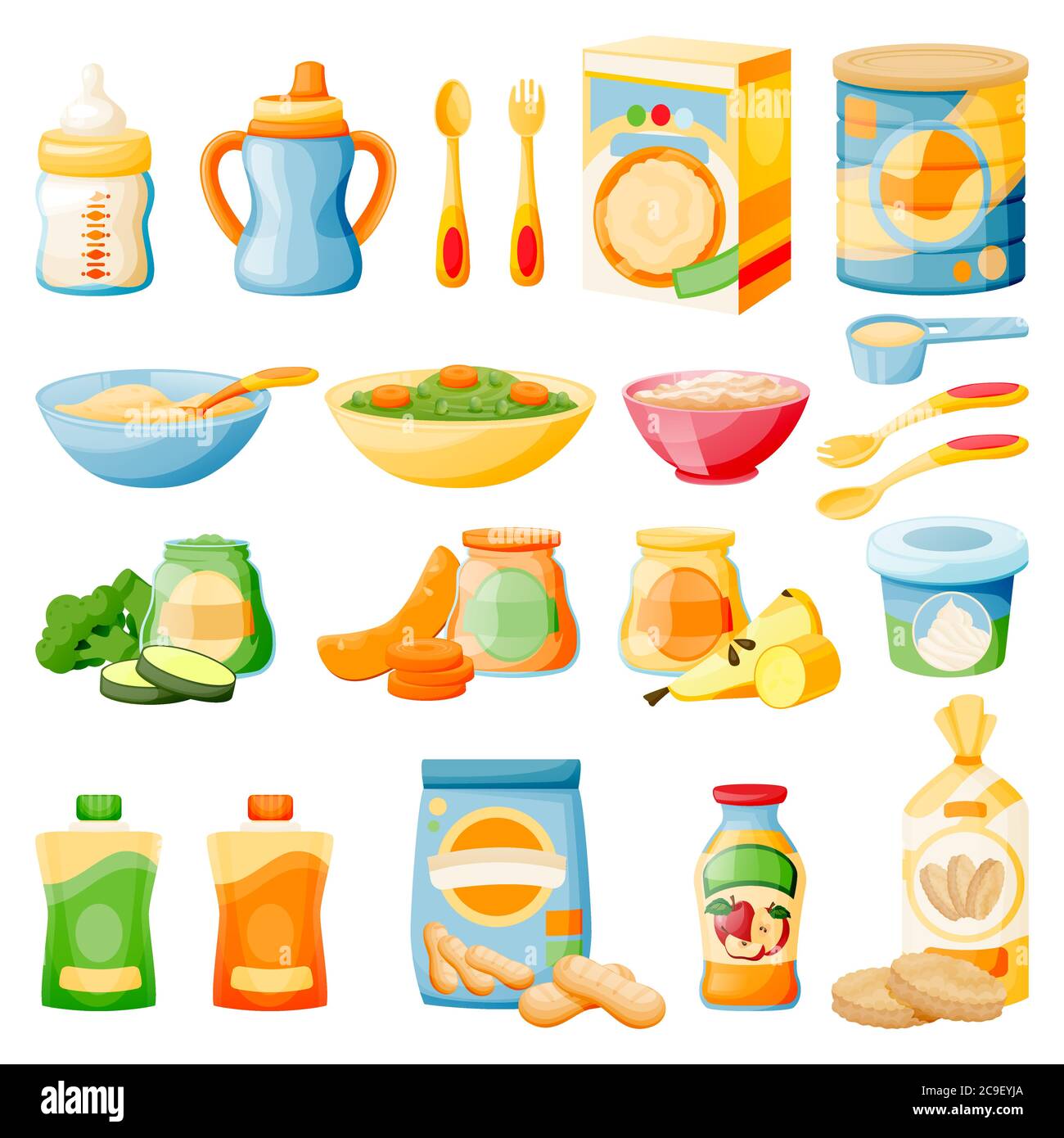 Aliments sains pour bébés en pots, biberons et boîtes. Ensemble d'icônes de repas pour enfants, isolé sur fond blanc. Illustration de dessin animé à plat vectoriel de fruits et de légumes Illustration de Vecteur