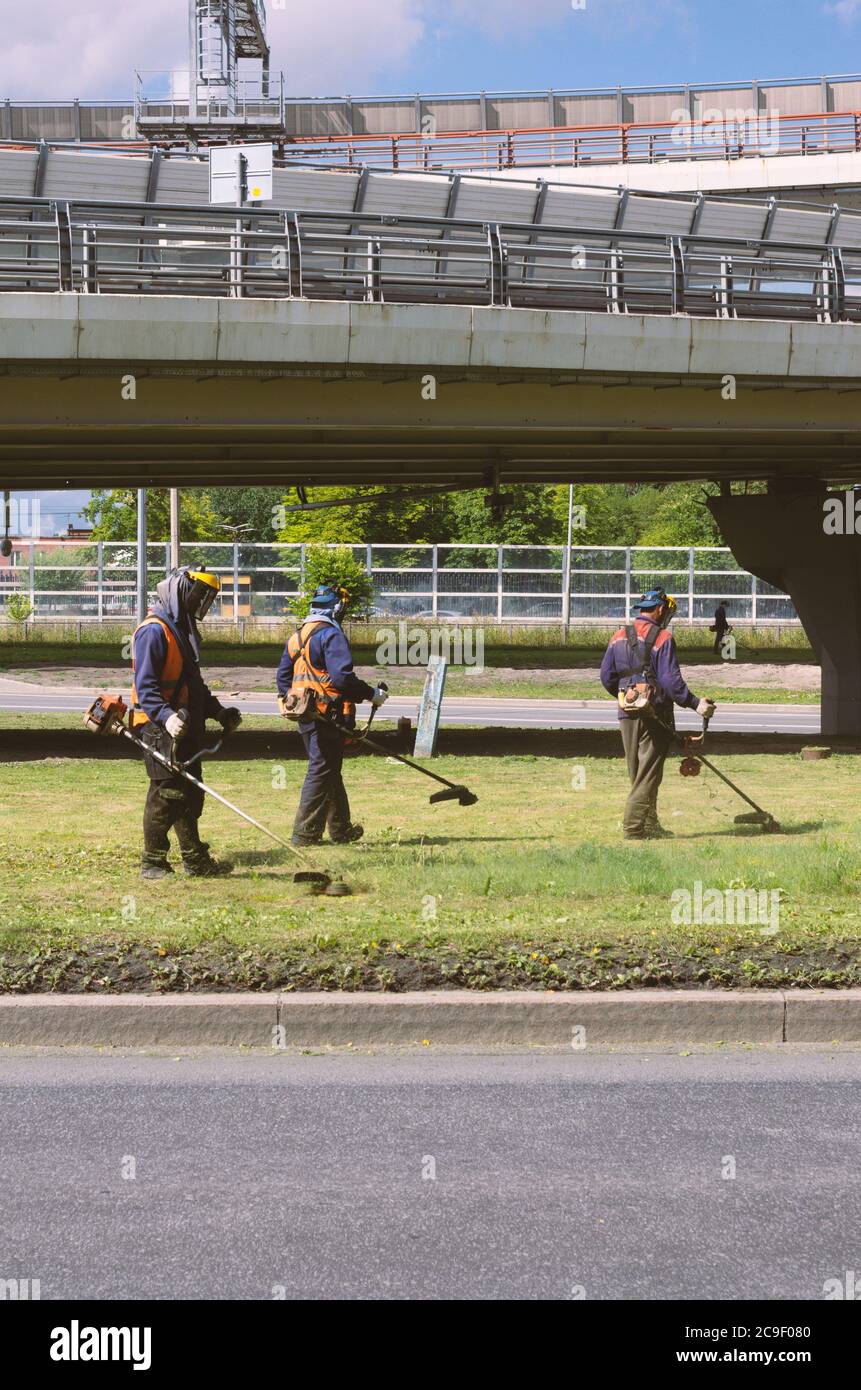 Saint-Pétersbourg, Russie - 26 juillet 2020 : trois travailleurs avec des coupe-herbes à cordes en combinaisons de matraque orange fauchent l'herbe près de l'orientation verticale de l'autoroute Banque D'Images