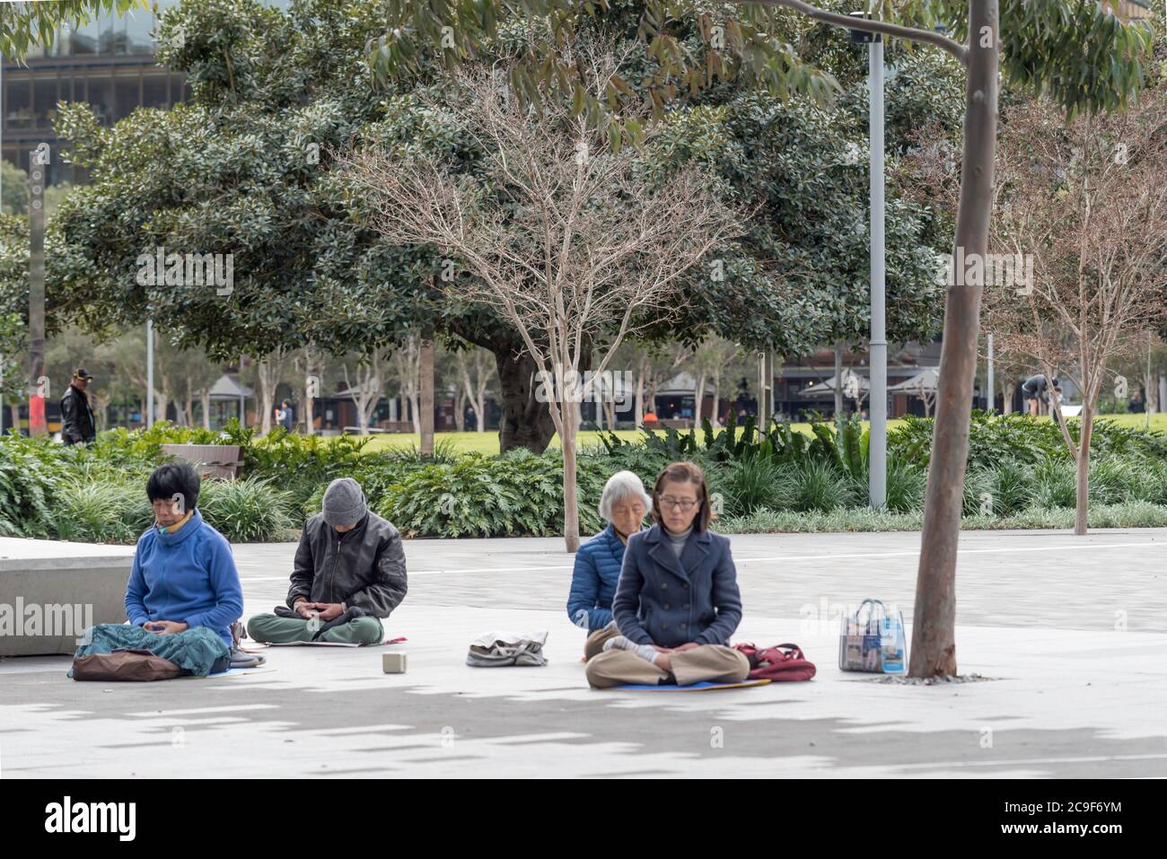 Un matin hivernal à Darling Harbour, Sydney, Australie, un petit groupe de personnes asiatiques plus âgées s'assoient en croix sur le sol et méditent Banque D'Images