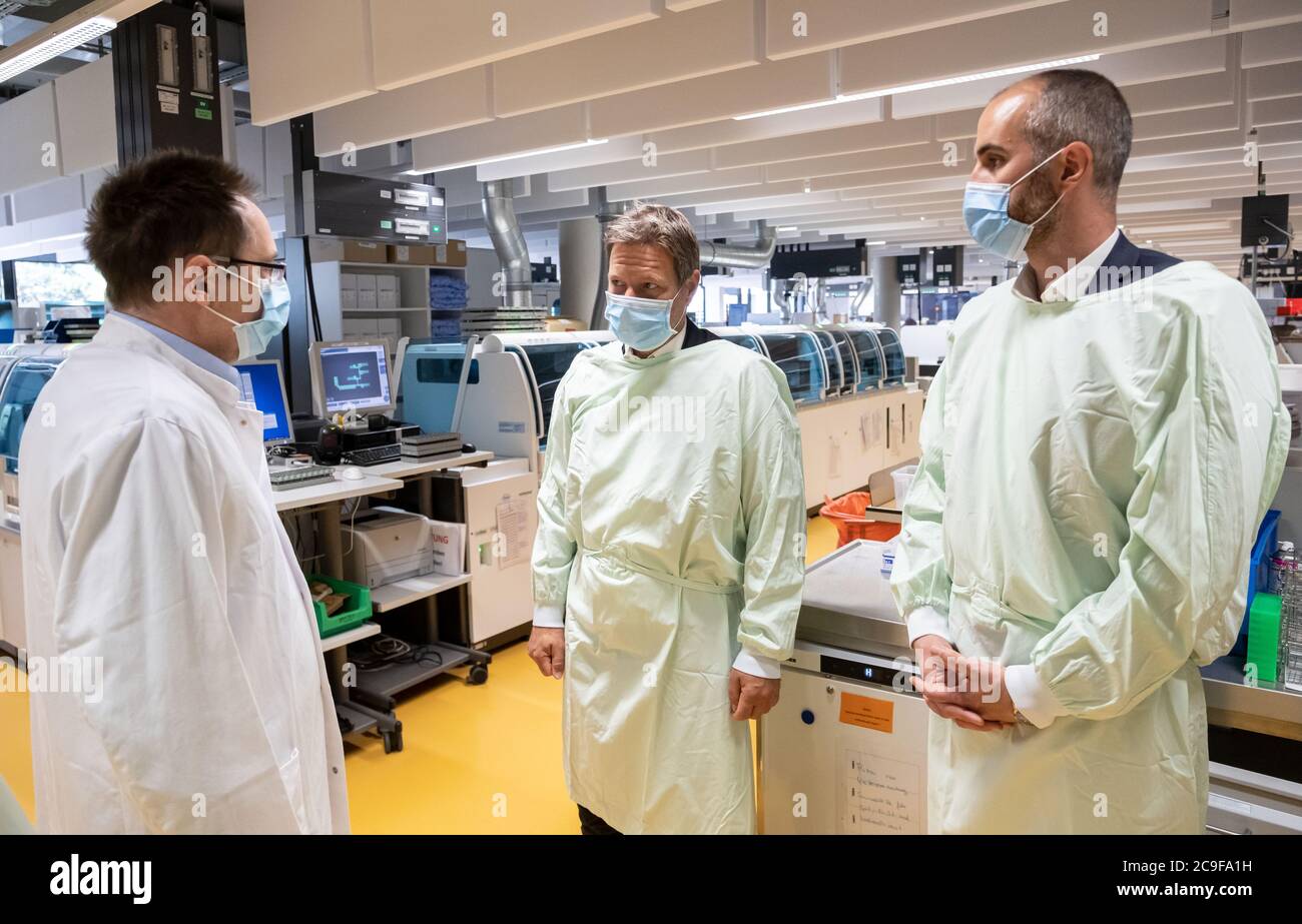 Hanovre, Allemagne. 31 juillet 2020. Robert Habeck (M), Président fédéral de Bündnis 90/Die Grünen, BELIT Onay (r), Maire de Hanovre (Bündnis 90/Die Grünen) et Professeur Korbinian Brand sont réunis à l'Ecole de médecine de Hanovre (MHH). La visite d'Habeck et d'Onay porte sur l'épidémie de corona et sur la recherche sur les options thérapeutiques et les vaccins. Credit: Peter Steffen/dpa/Alay Live News Banque D'Images