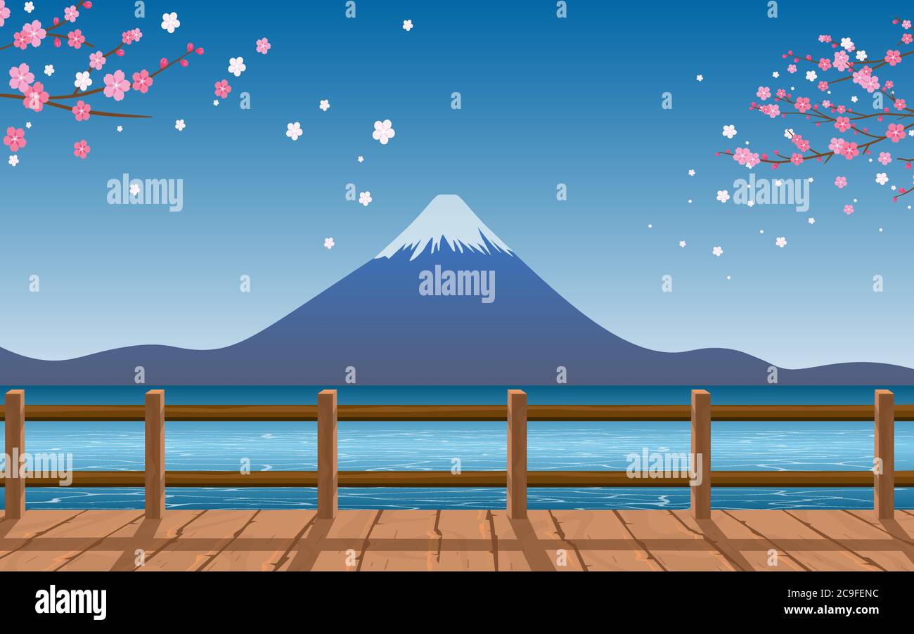 vue sur la montagne du fuji au bord de la rivière en japonais Illustration de Vecteur