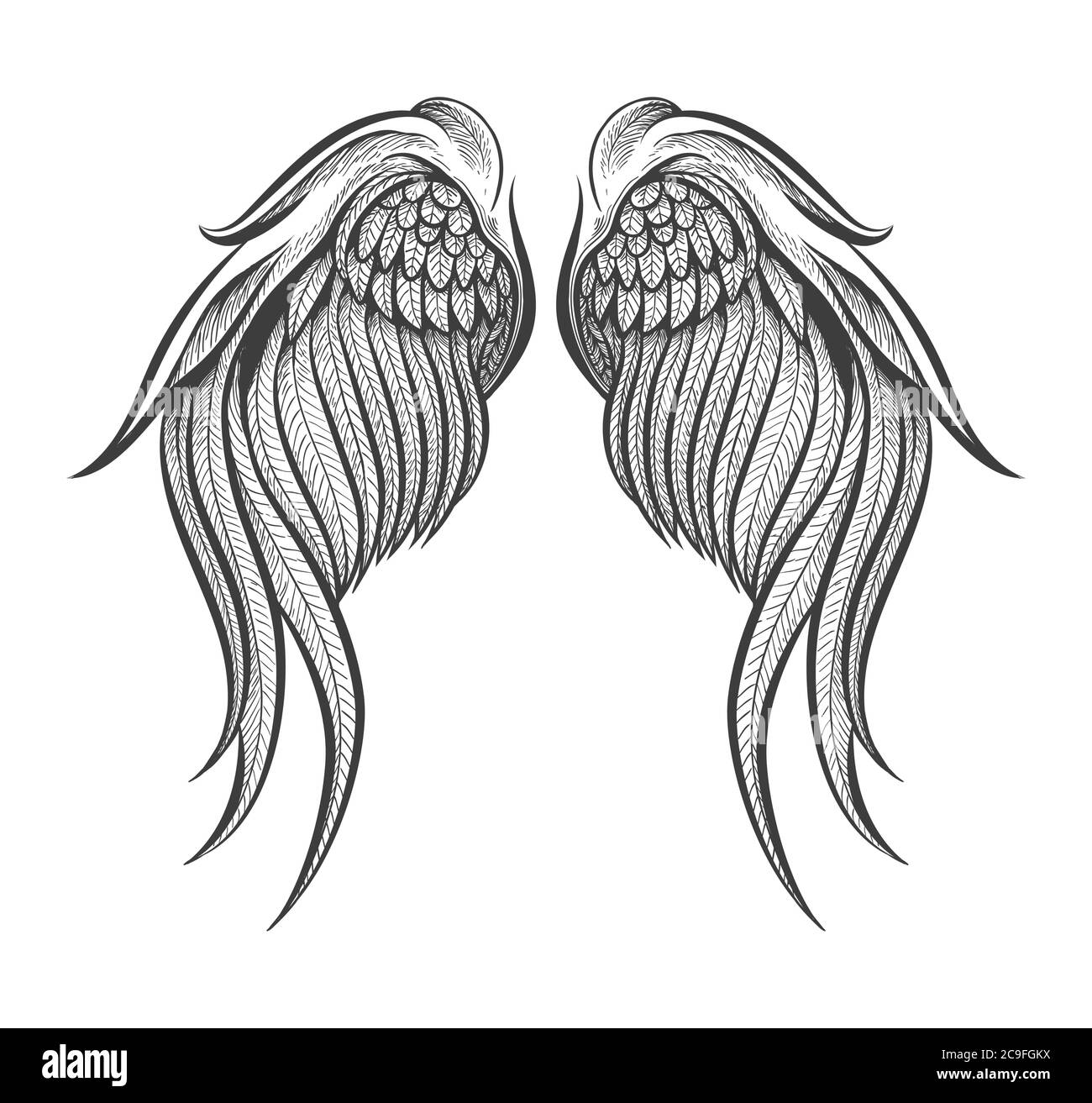Deux ailes dessinées à la main dans le style Tattoo isolé sur blanc. Illustration vectorielle. Illustration de Vecteur