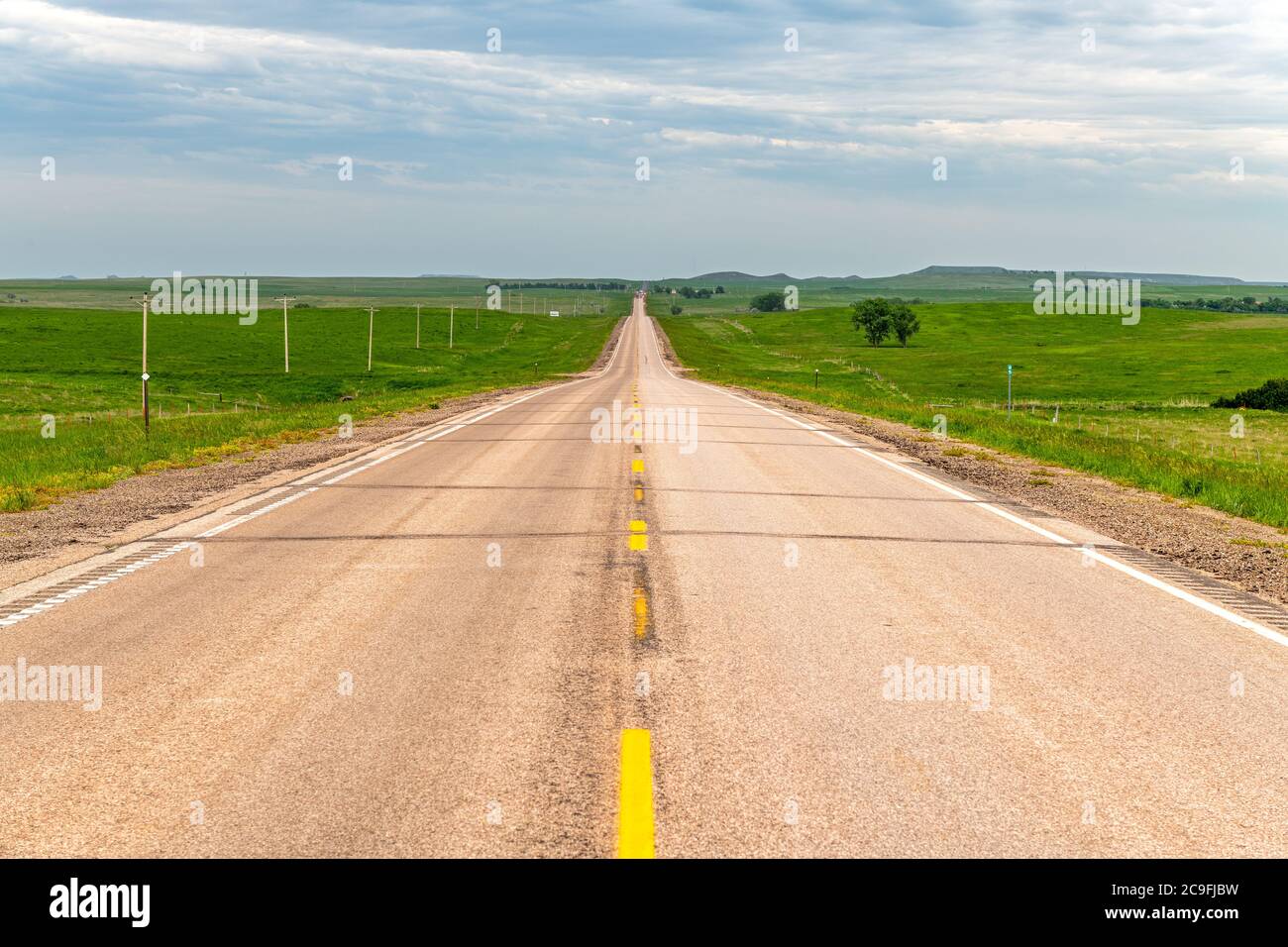 Perspective décroissante d'une route rurale dans les grandes plaines entourée de terres agricoles vertes et de vastes terres. Banque D'Images