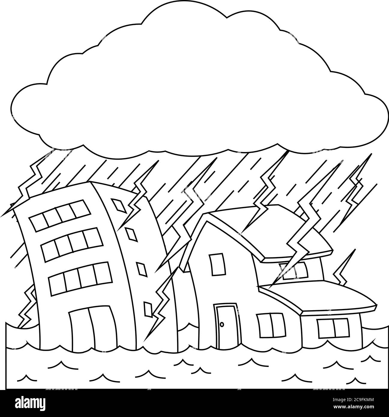 C'est une illustration des bâtiments et des maisons endommagés par de fortes pluies et des inondations Illustration de Vecteur