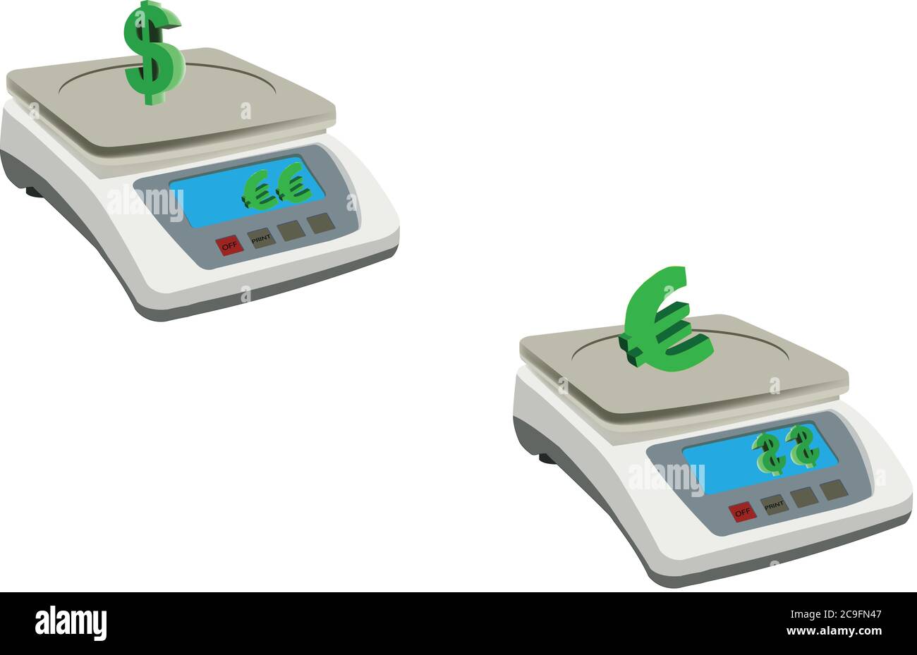 Illustration des poids avec les panneaux de devises euro et dollar un arrière-plan isolé Banque D'Images