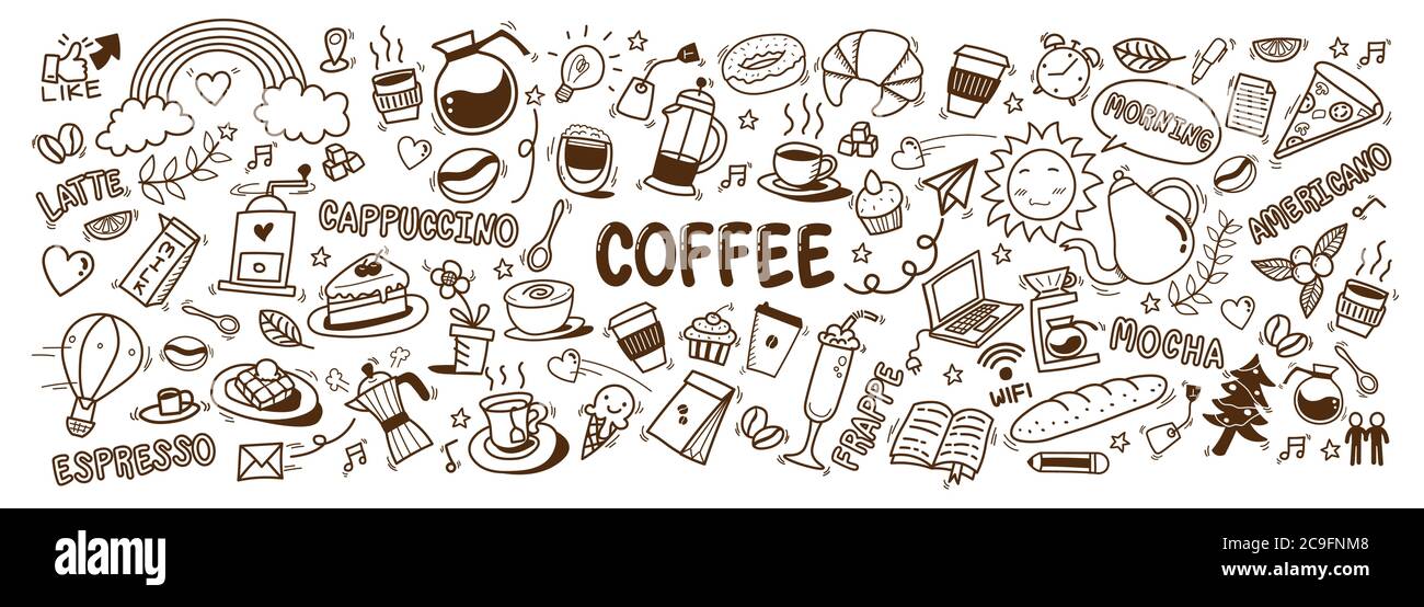 icônes de café de dessin animé de doodle mignon. dessin vectoriel dessiné à la main pour le café et la boulangerie pour le menu du café, y compris l'approvisionnement et l'équipement isolé Illustration de Vecteur