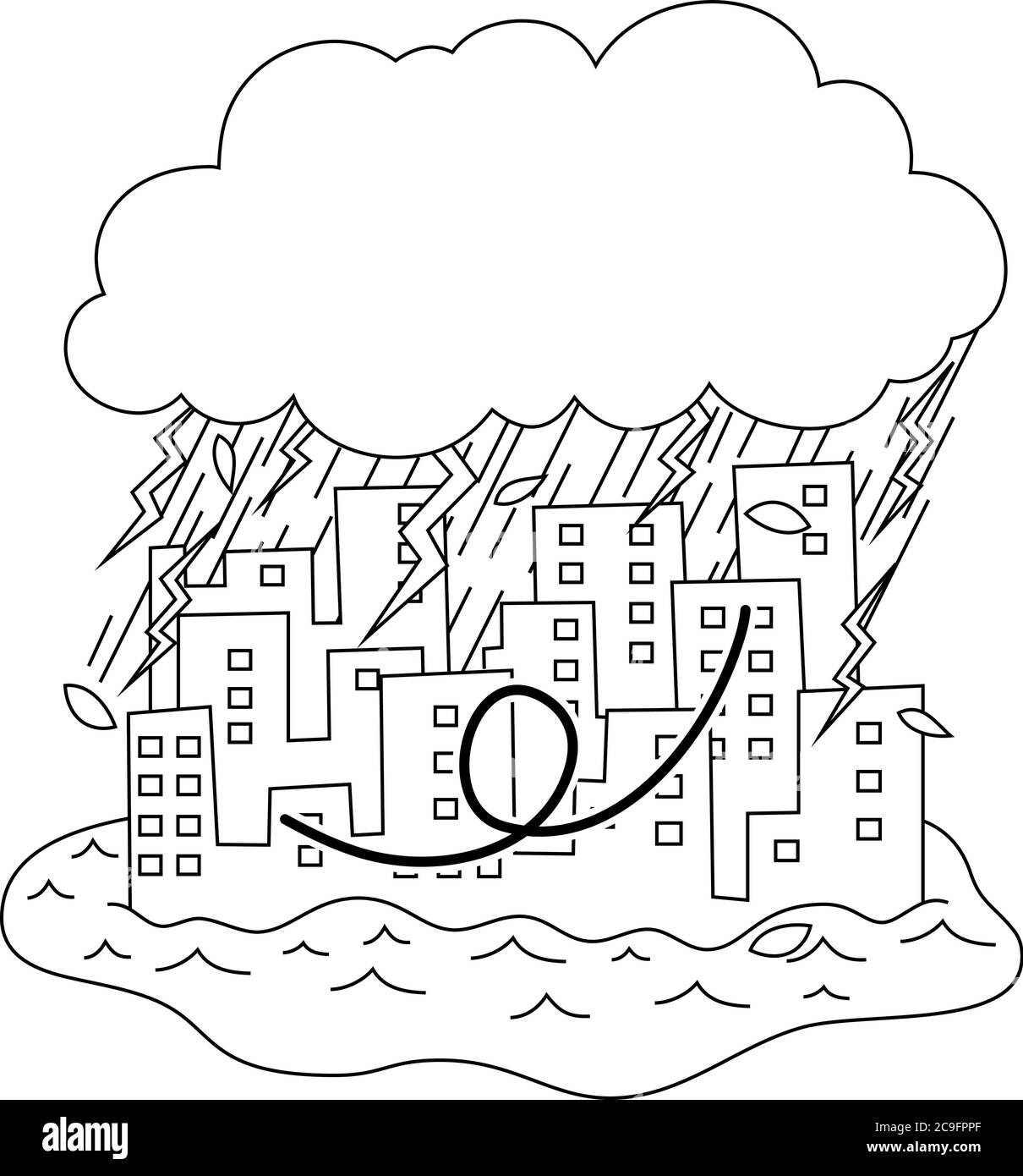 C'est une illustration des bâtiments endommagés par de fortes pluies et des inondations Illustration de Vecteur