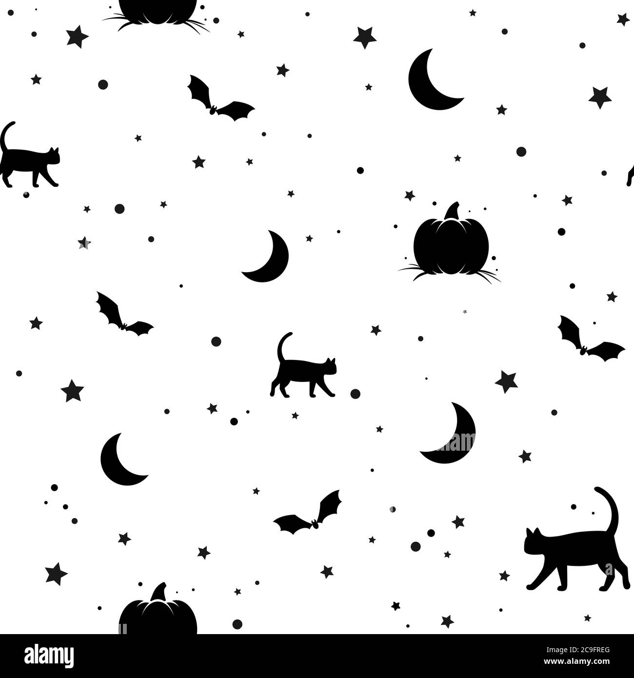 motif sans couture avec chats noirs, étoiles, citrouilles et chauves-souris sur fond blanc. Papier peint vecteur magique Halloween. ornement conte de fées des fêtes Illustration de Vecteur
